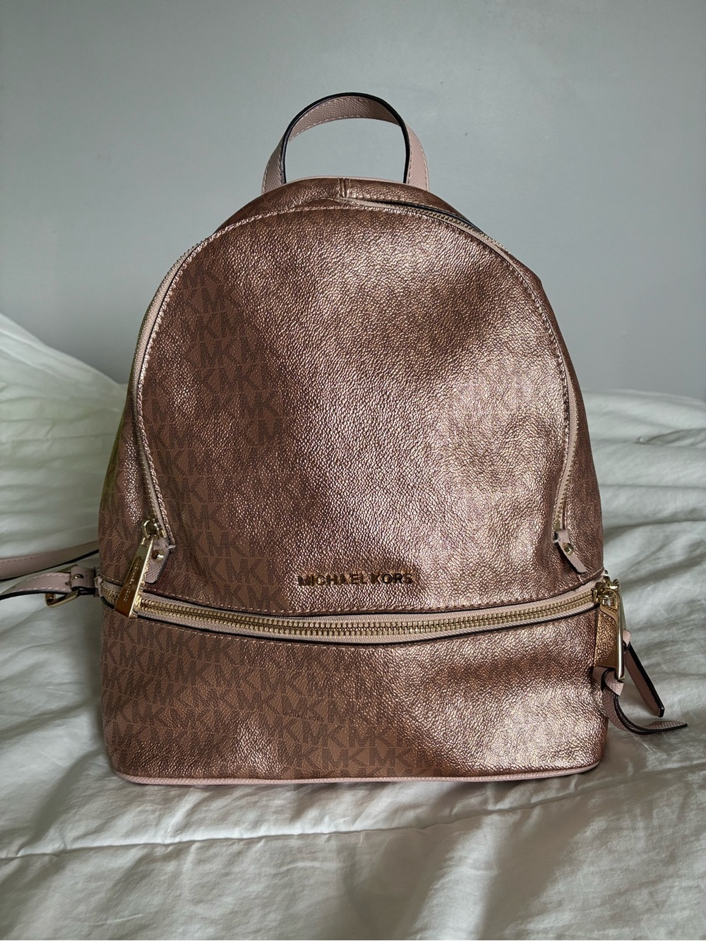 Michael Kors Metallic Rose Gold Logo Backpack